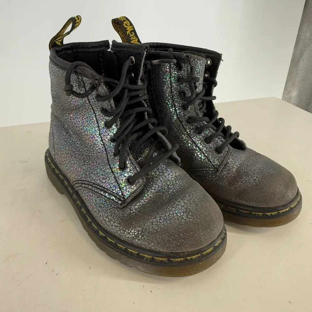 Dr. Martens Brooklee AW004 SK06R Silver Delaney Holographic Combat Boots SZ 9